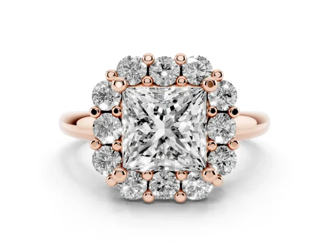 Princess Cut Cluster Halo Engagement Ring Setting | Large Round Accents | Rose Gold