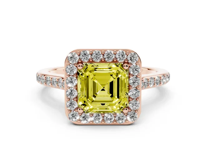 Fancy Yellow Asscher Cut Diamond Halo Engagement Ring Set in Rose gold with Round Pavé Shoulders and Heart Gallery