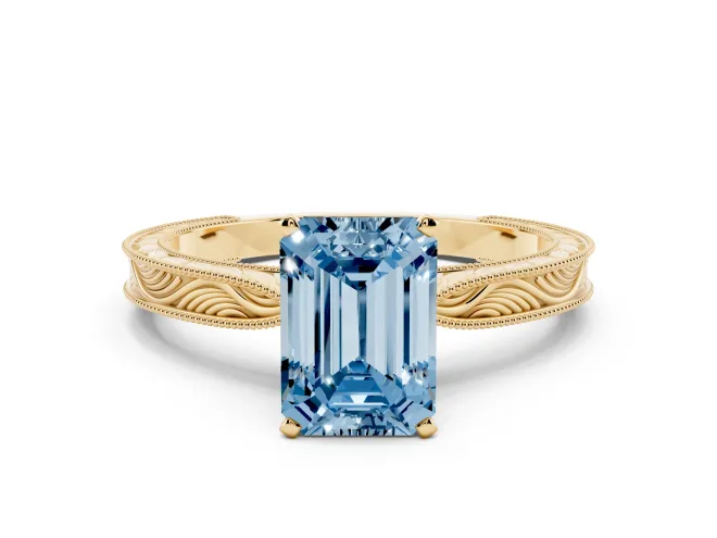 Emerald Cut Engraved Engagement Ring Setting for a Fancy Blue Lab-Grown Diamond | Yellow Gold