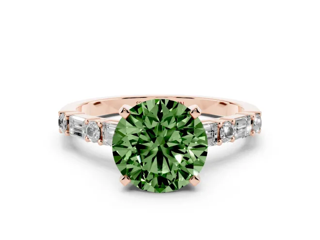 Round Baguette Side Stone Engagement Ring Setting for a Fancy Green Lab-Grown Diamond | Rose Gold