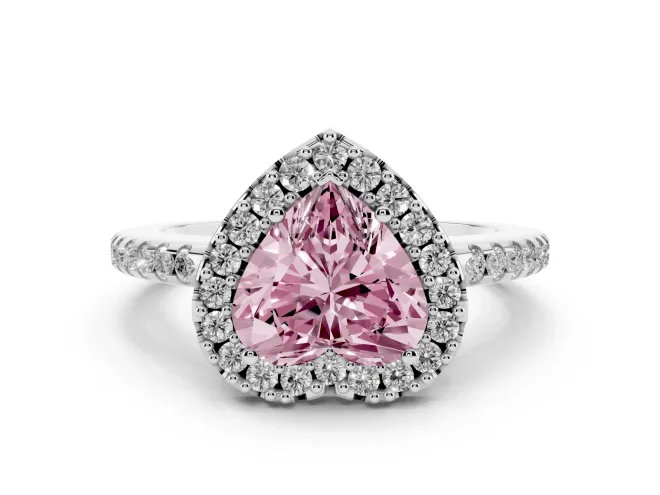 Heart-Shaped Pavé Halo Engagement Ring Setting for a Fancy Pink Lab-Grown Diamond | Pavé Band | White Gold