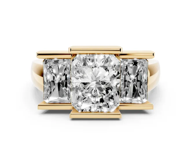 Radiant Cut Diamond Three-Stone Channel Set Ring Set in Yellow gold with Smooth Polished Band