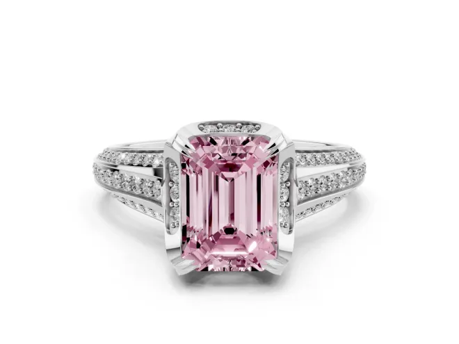 Emerald Cut Hidden Halo Engagement Ring Setting for a Fancy Pink Lab-Grown Diamond | Triple Row Pavé Band | White Gold