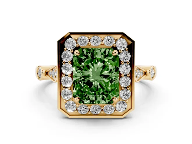 Radiant Cut Halo Engagement Ring Setting for a Fancy Green Lab-Grown Diamond | Bezel Station Shoulders | Yellow Gold