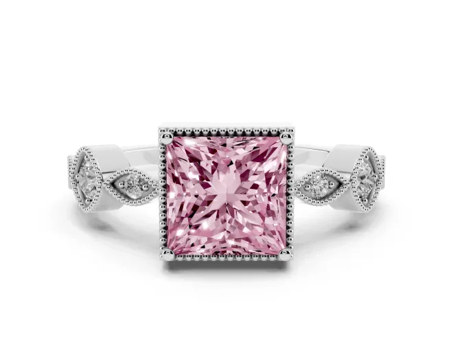 Princess Cut Vintage Milgrain Engagement Ring Setting for a Fancy Pink Lab-Grown Diamond | White Gold