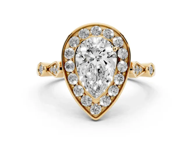 Pear Cut Diamond Halo Engagement Ring Set in Yellow gold with Twisted Band and Prong Setting