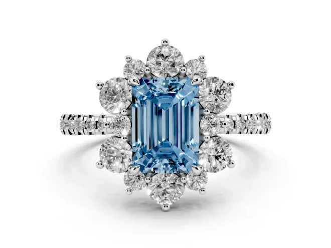 Fancy Blue Emerald Cut Diamond Floral Halo Ring Set in White gold with Round Pavé Band and Prong Setting
