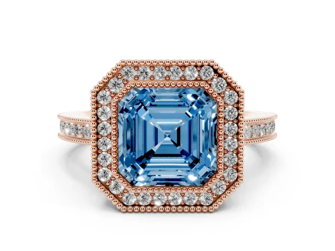 Asscher Cut Milgrain Halo Engagement Ring Setting for a Fancy Blue Lab-Grown Diamond | Rose Gold