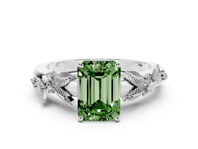 Emerald Cut Leaf Solitaire Engagement Ring Setting for a Fancy Green Lab-Grown Diamond | Platinum