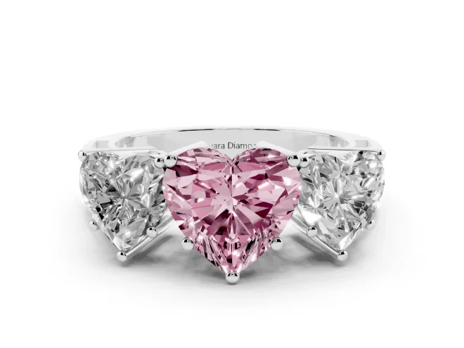 Fancy Pink Heart Cut Diamond Three-Stone Ring Set in Platinum with Textured Band
