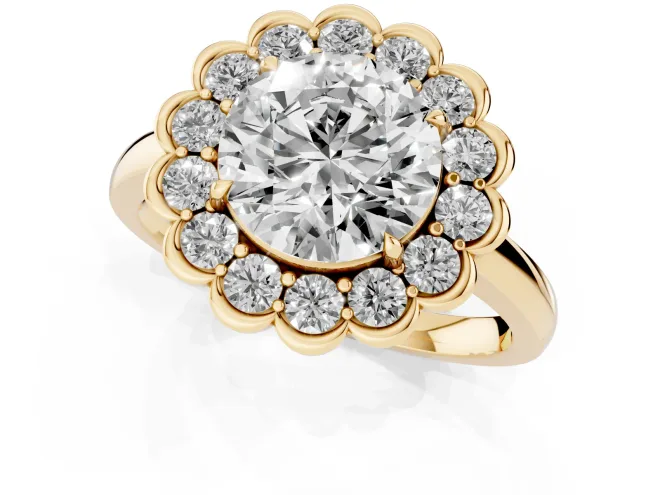 Round Cut Diamond Halo Cluster Engagement Ring Set in Yellow gold with Solitaire Band and Prong Setting – second view