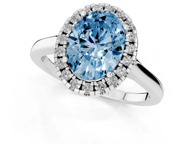 Fancy Blue Oval Cut Halo Round Diamond Solitaire Ring Set in Silver with Pavé Band and Prong Setting – second view