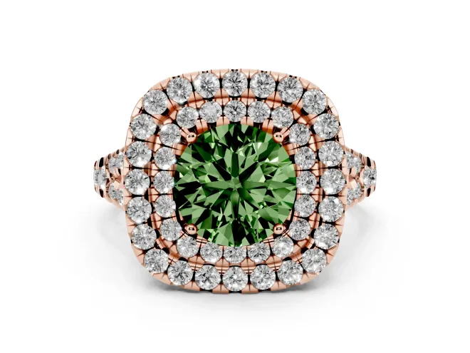 Fancy Green Round Cut Diamond Double Halo Ring Set in Rose gold with Pavé Split Shank and Prong Setting