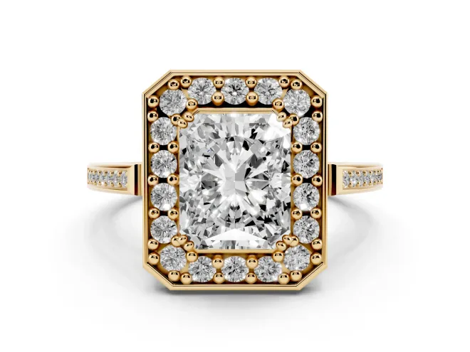 Radiant Cut Diamond Halo Ring Set in Yellow gold with Accent-Lined Split Shank and Prong Setting