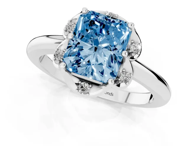 Fancy Blue Radiant Cut Diamond Round Cluster Halo Ring Set in Platinum with Solitaire Band and Prong Setting – second view