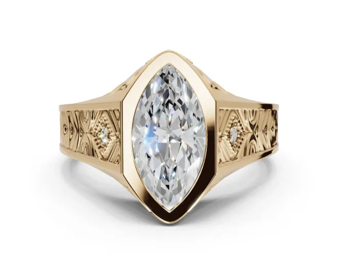 Marquise Vintage Bezel Engagement Ring Setting | Engraved Band | Yellow Gold