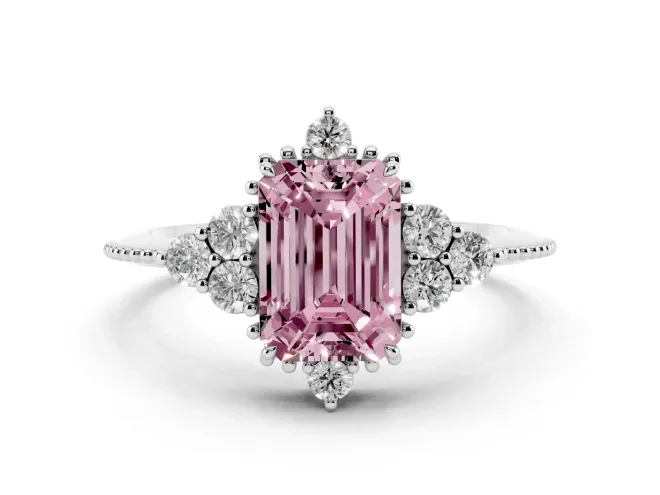 Fancy Pink Emerald Cut Diamond Cluster Ring Set in Platinum with Beaded Band
