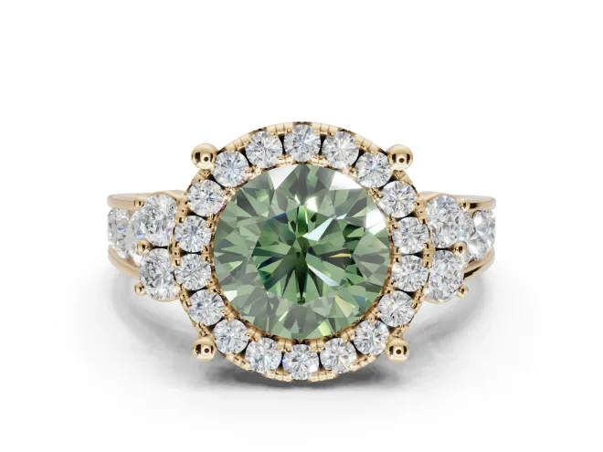 Round Halo Engagement Ring Setting for a Fancy Green Lab-Grown Diamond | Side Clusters | Yellow Gold