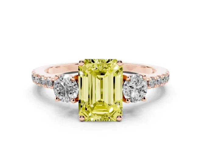 Emerald Cut Three Stone Engagement Ring Setting for a Fancy Yellow Lab-Grown Diamond | Pavé Shoulders | Rose Gold