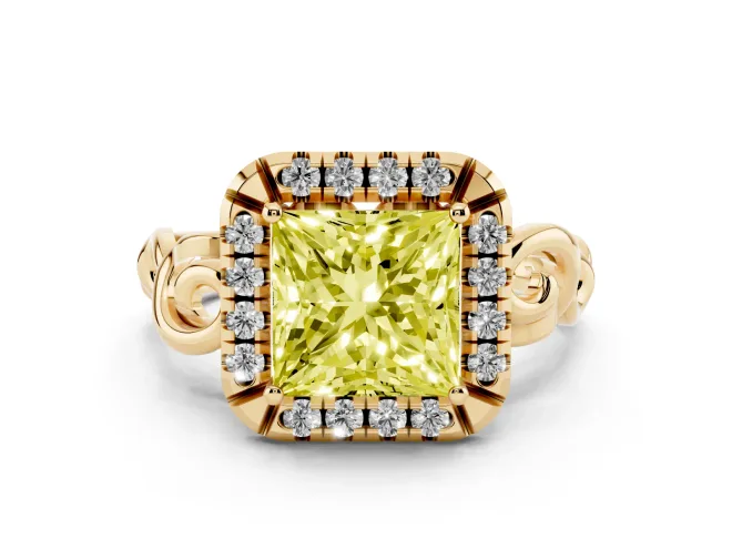 Princess Cut Filigree Halo Engagement Ring Setting for a Fancy Yellow Lab-Grown Diamond | Scroll Shoulders | Yellow Gold