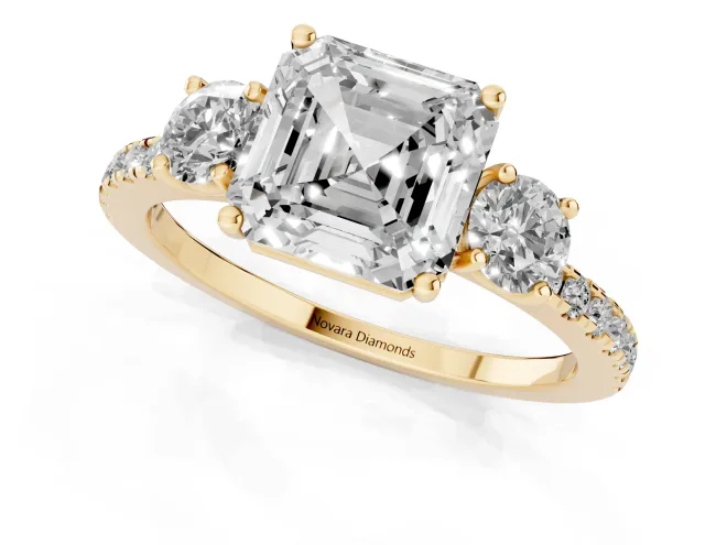 Asscher Cut Diamond Three-Stone Ring Set in Yellow gold with Pavé Band and Graduated Sides – second view