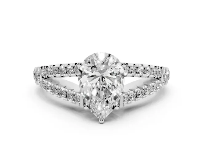 Pear Cut Diamond Split Shank Pavé Engagement Ring Set in Platinum with Prong-Held Center Stone