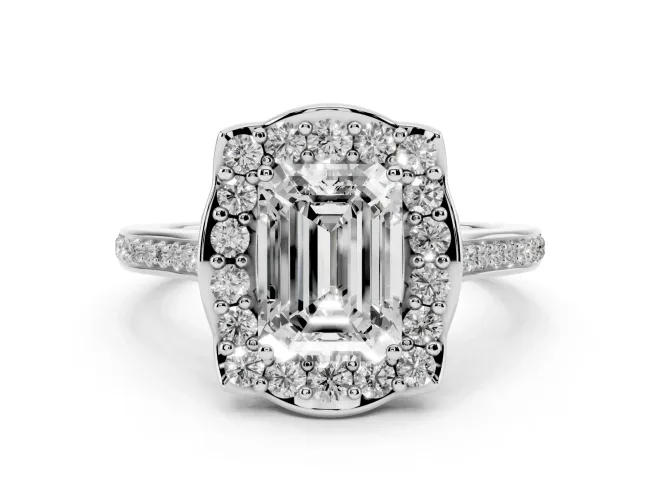 Emerald Cut Diamond Halo Ring Set in White gold with Pavé-Lined Shoulders and Prong Setting