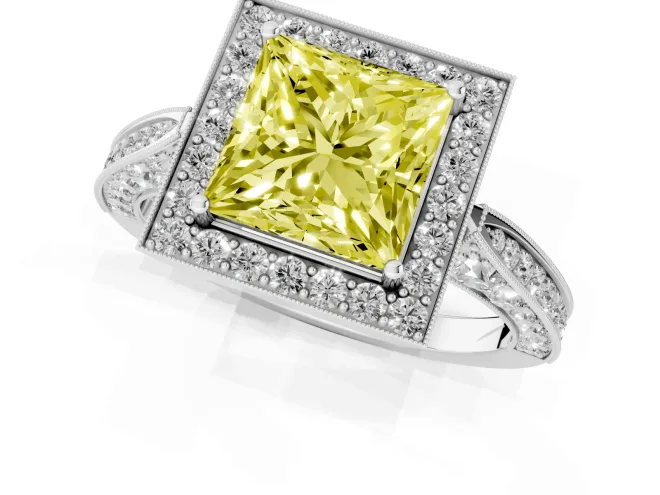 Fancy Yellow Princess Cut Diamond Halo Engagement Ring Set in White gold with Accent Split Shank Band – second view