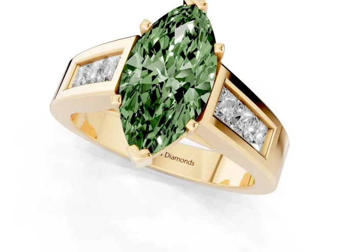 Fancy Green Marquise Cut Diamond Solitaire Ring Set in Yellow gold with Channel-Set Accent Stones and Prong Setting – second view