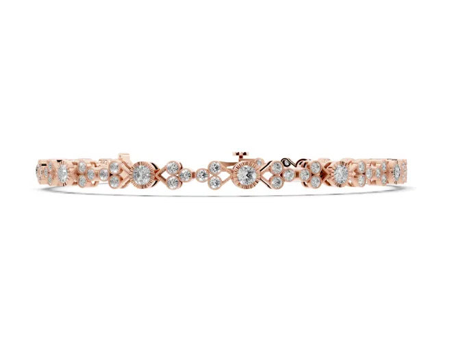 Round Lab-Grown Diamond Vintage Bezel Tennis Bracelet | Milgrain Trio Clusters | Rose Gold