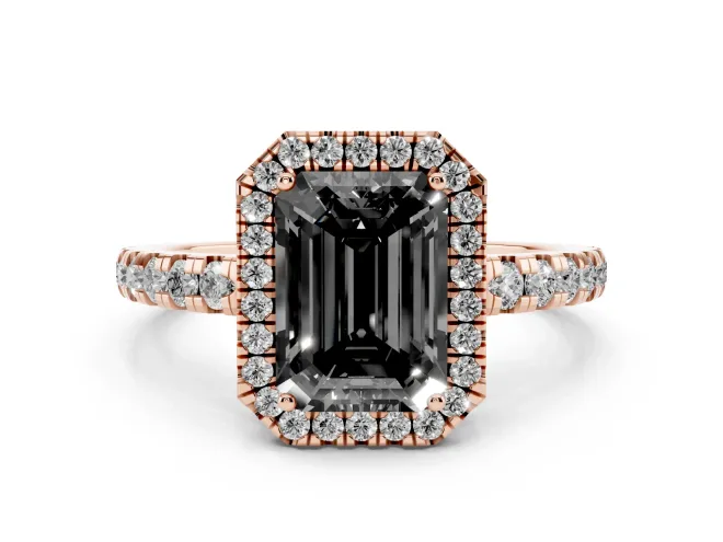 Emerald Cut Halo Engagement Ring Setting for a Black Center | Graduated Pavé Band | Rose Gold