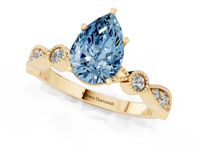 Fancy Blue Pear Cut Diamond Solitaire Engagement Ring Set in Yellow gold with Milgrain Bezel Accent Band – second view