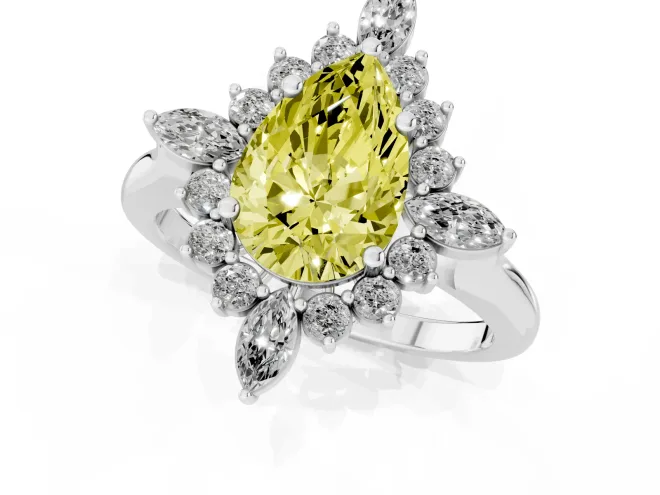 Fancy Yellow Pear Cut Diamond Cluster Halo Ring Set in White gold with Marquise and Round Accents – second view