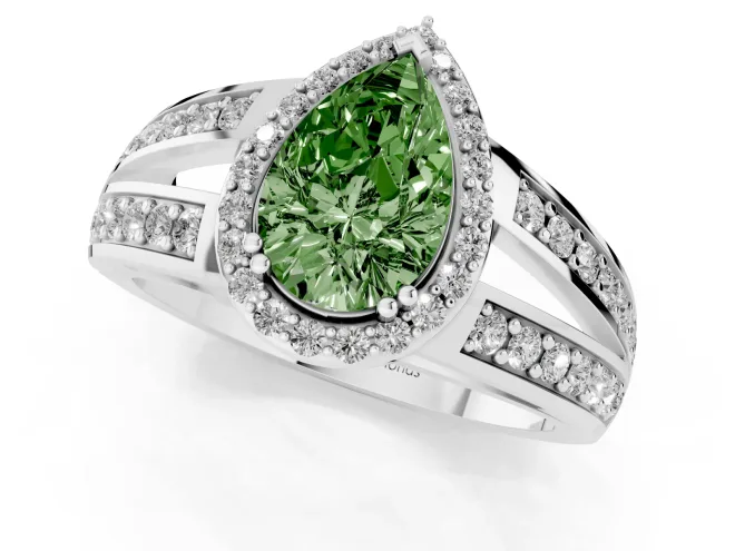 Fancy Green Pear Cut Diamond Halo Ring Set in Silver with Double Pavé Split Shank – second view