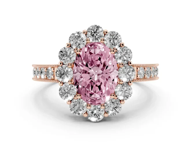 Fancy Pink Oval Cut Diamond Halo Pavé Engagement Ring Set in Rose gold with Milgrain Detailing