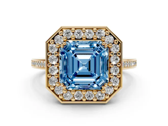 Asscher Cut Halo Engagement Ring Setting for a Fancy Blue Lab-Grown Diamond | Polished Halo Rim | Yellow Gold