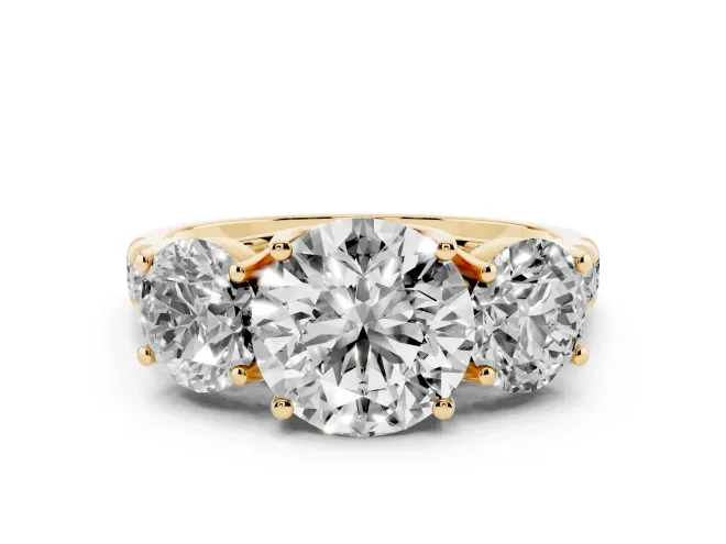 Round Cut Diamond Three-Stone Ring Set in Yellow gold with Pavé Band