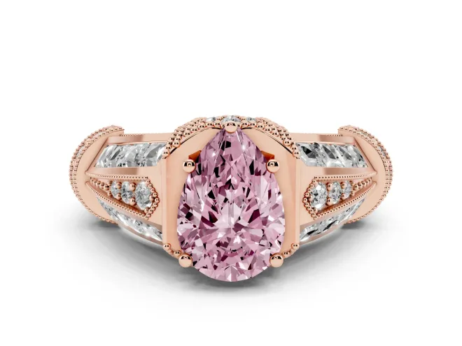 Fancy Pink Pear Cut Diamond Vintage-Inspired Milgrain Ring Set in Rose gold with Accent Split Shank