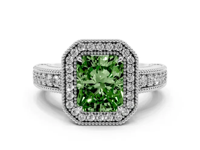 Radiant Cut Milgrain Halo Engagement Ring Setting for a Fancy Green Lab-Grown Diamond | Sterling Silver