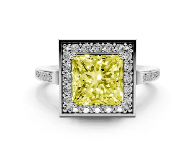 Fancy Yellow Princess Cut Diamond Halo Ring Set in Platinum with Accent-Lined Split Shank and Prong Setting