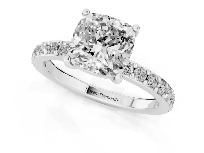 Cushion Cut Diamond Solitaire Set in White gold with Round Pavé Band and Prong Setting – second view