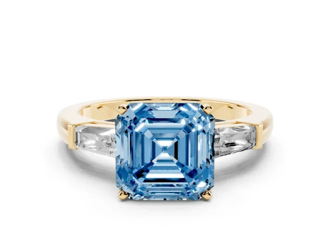 Asscher Cut Three Stone Engagement Ring Setting for a Fancy Blue Lab-Grown Diamond | Tapered Baguettes | Yellow Gold