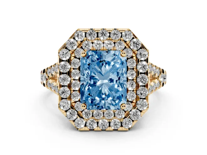 Fancy Blue Radiant Cut Diamond Double Halo Ring Set in Yellow gold with Pavé Split Shank and Prong Setting