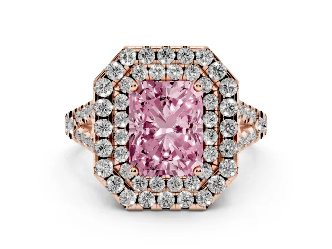 Fancy Pink Radiant Cut Diamond Double Halo Ring Set in Rose gold with Pavé Split Shank and Prong Setting