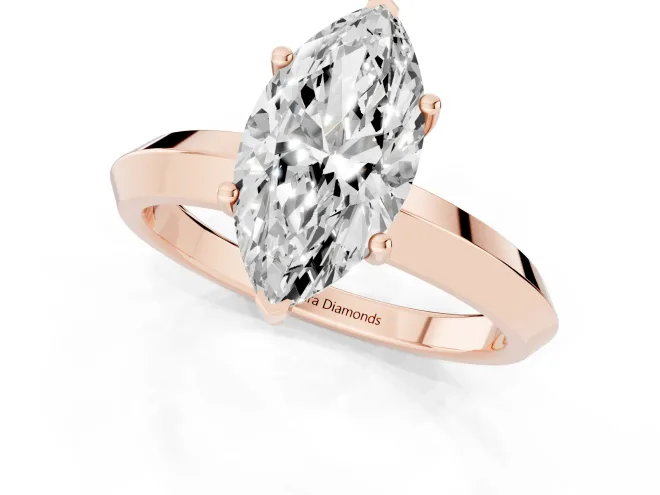 Marquise Cut Diamond Solitaire Engagement Ring Set in Rose gold with Flat Band and Prong Setting – second view