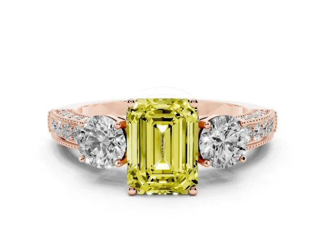 Fancy Yellow Emerald Cut Diamond Three-Stone Ring Set in Rose gold with Round Side Stones and Pavé Band