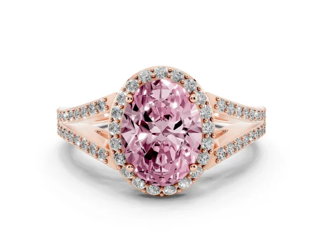 Oval Halo Engagement Ring Setting for a Fancy Pink Lab-Grown Diamond | V-Split Pavé Band | Rose Gold