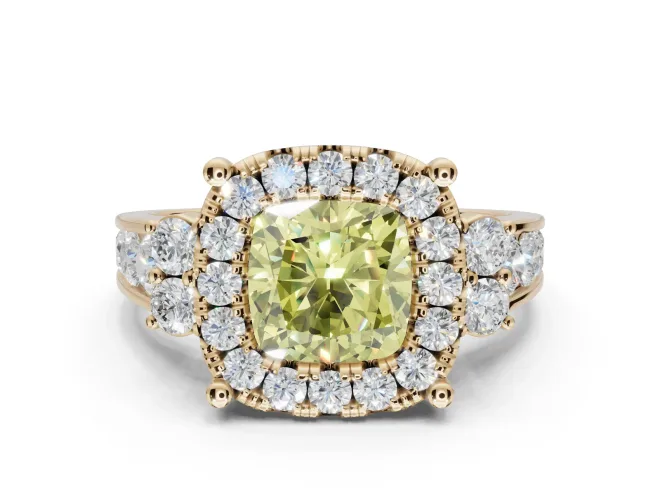Cushion Cut Halo Engagement Ring Setting for a Fancy Yellow Lab-Grown Diamond | Graduated Channel Band | Yellow Gold