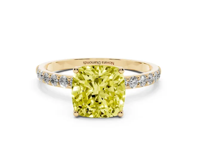 Cushion Cut Pavé Solitaire Engagement Ring Setting for a Fancy Yellow Lab-Grown Diamond | Slim Band | Yellow Gold