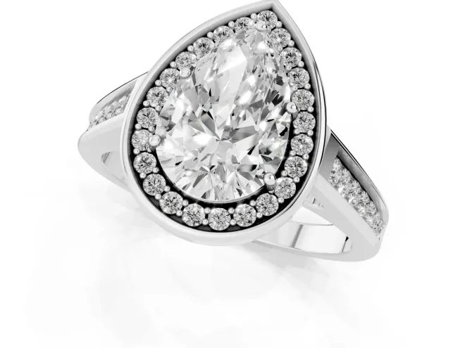 Pear Cut Diamond Halo Solitaire Ring Set in Platinum with Pavé Band and Bezel Setting – second view
